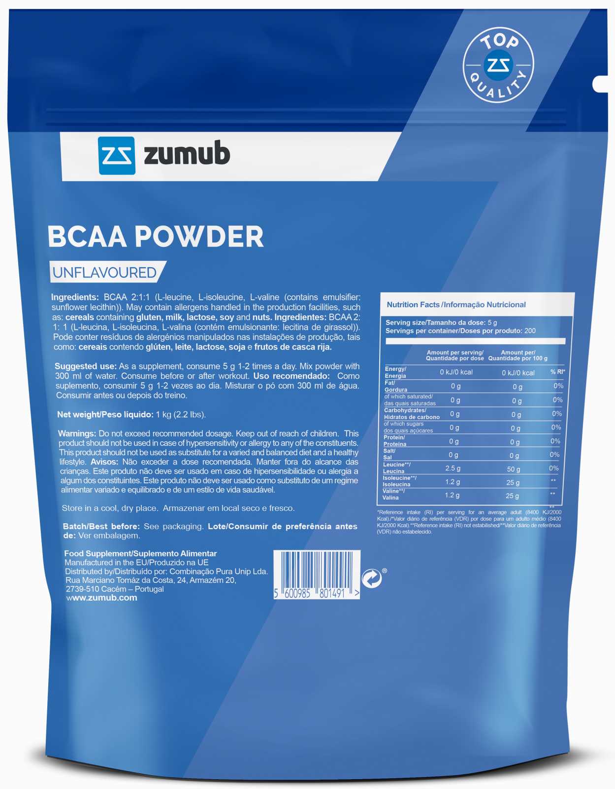 Pó de BCAA sem sabor Zumub 500g