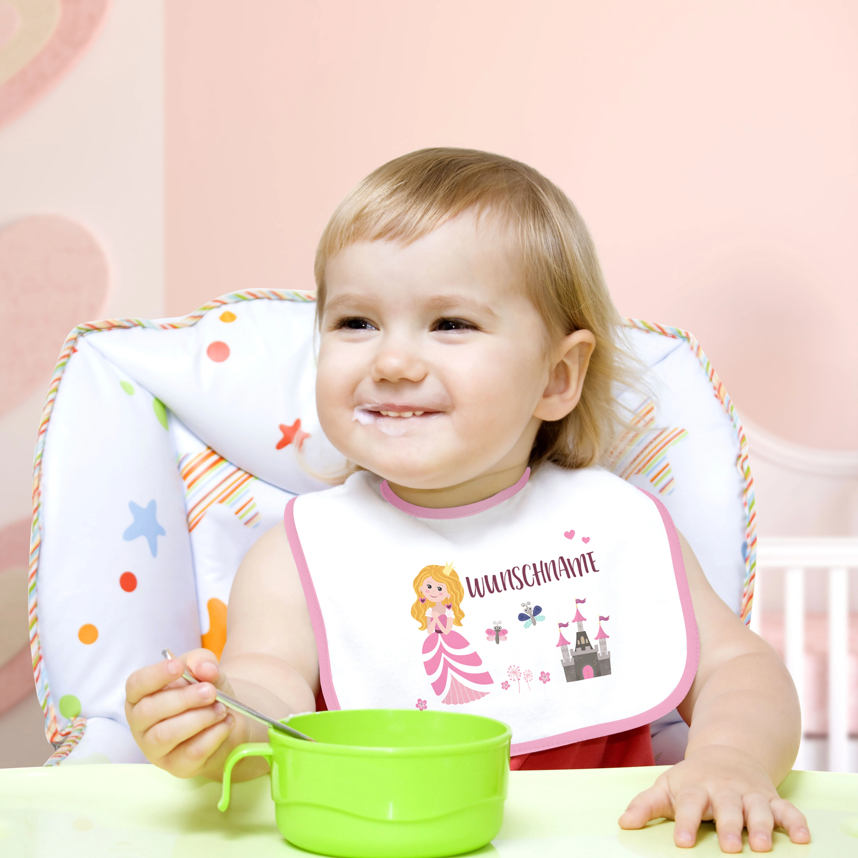 Baby-Lätzchen mit Namen, rosa (Motiv: Prinzessin)