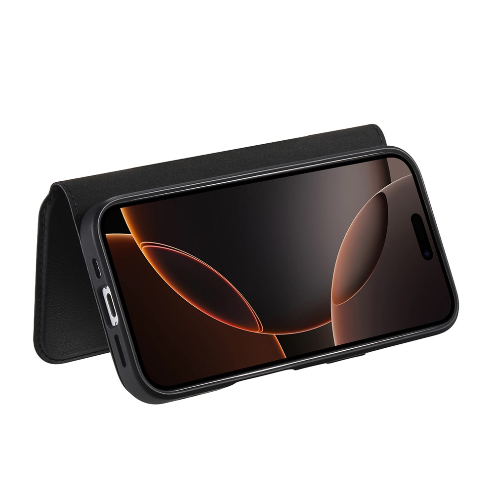 iPhone 16 Pro MagSafe Leder Case Schutzhülle mit Finger Griff Halterung   Abnehmbare Tasche inkl. Kartenfächer (RFID Schutz) - Schwarz