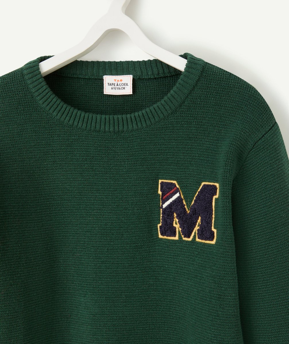 PULL GARÇON VERT FORÊT ET LETTRE BRODÉE EN BOUCLETTES