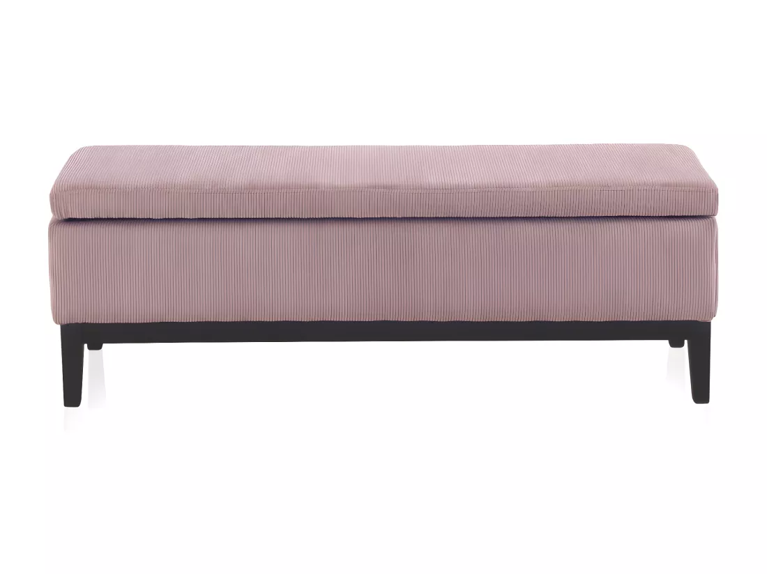 Pouf tapissé rose pastel avec pieds en bois noir