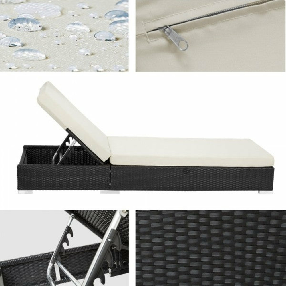 Lot de deux chaises longue bain de soleil en résine tressé poly rotin noir + table + deux set de housses + housse de protecti