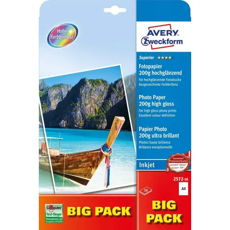 Avery Zweckform 2572-50 Superior Inkjet Fotopapier, DIN A4, einseitig beschichtet, 200 g/m², 50 Blatt