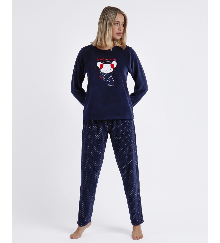 Pijama de veludo Admas, manga comprida, estampa Morning Mouse, azul marinho.
