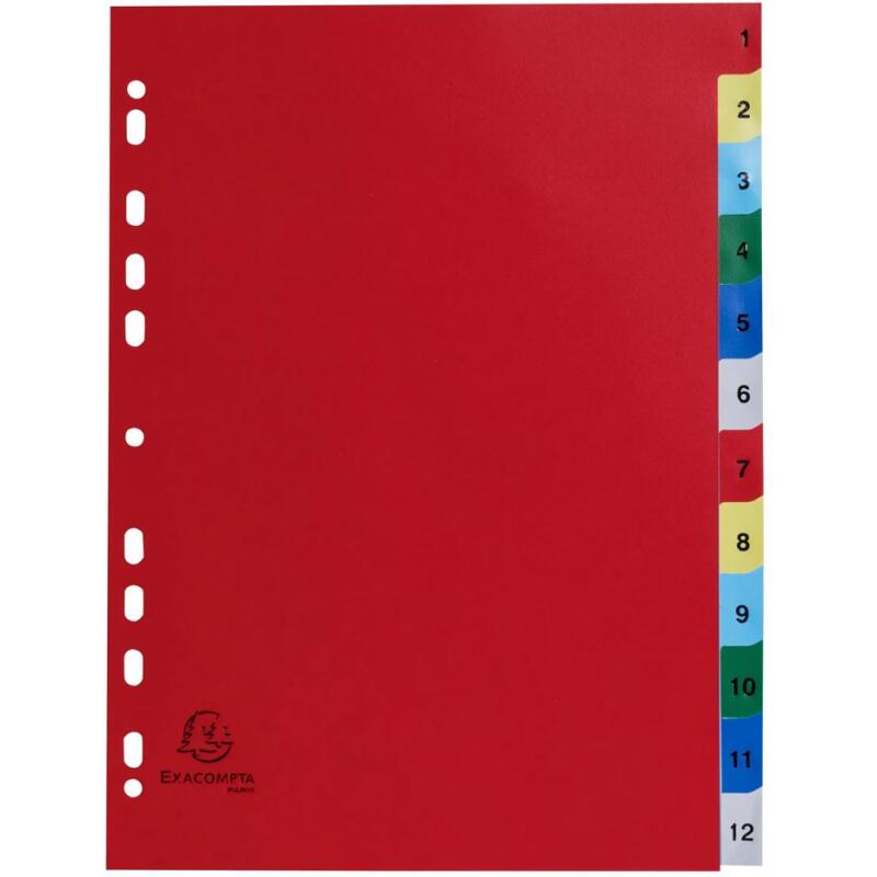 Intercalaires imprimés numériques polypropylène 12/100e - 12 positions - A4 - Assorties vives