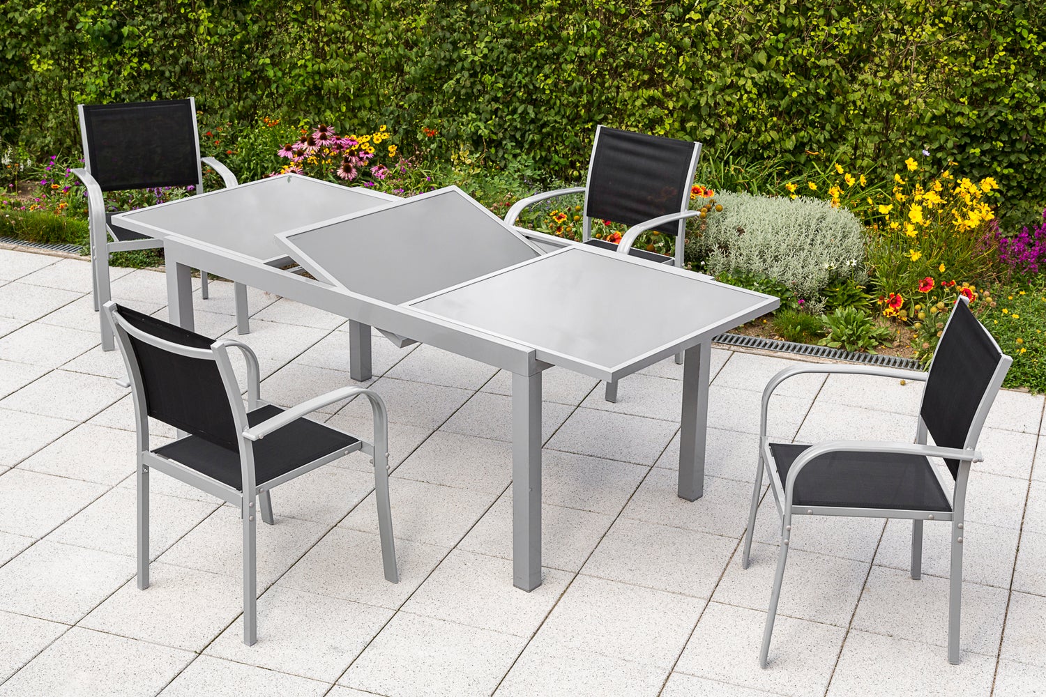 Ostia 5-delige tuinmeubelset, stapelstoelen, uitschuifbare tafel 160 (220) x 90 cm, zwart