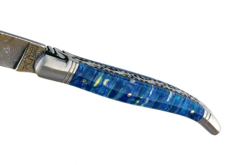 VENDU - Couteau Laguiole avec un manche en molaire de Mammouth teintée bleu