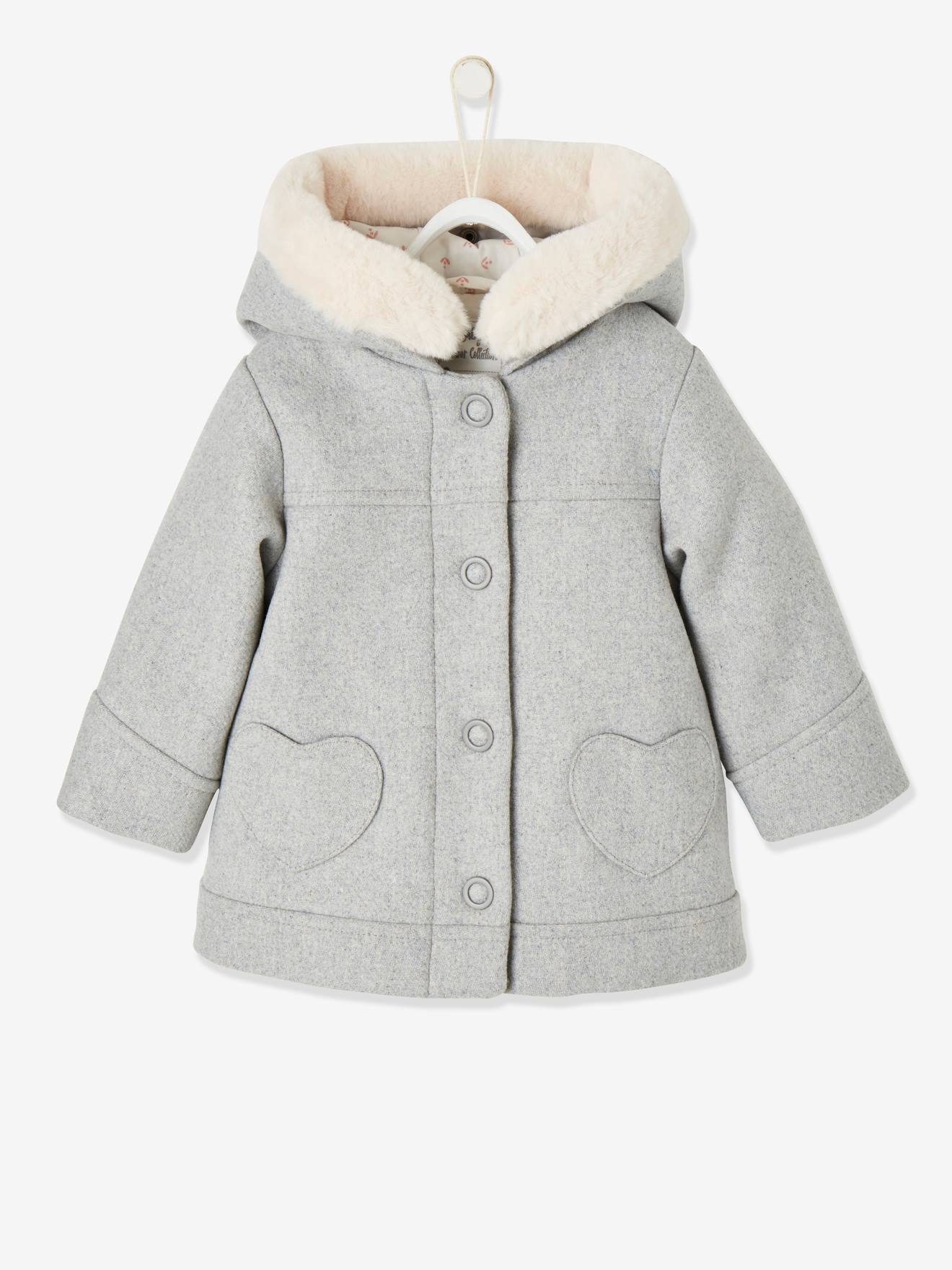Casaco liso cinza claro com capuz para bebê menina, com estampas.