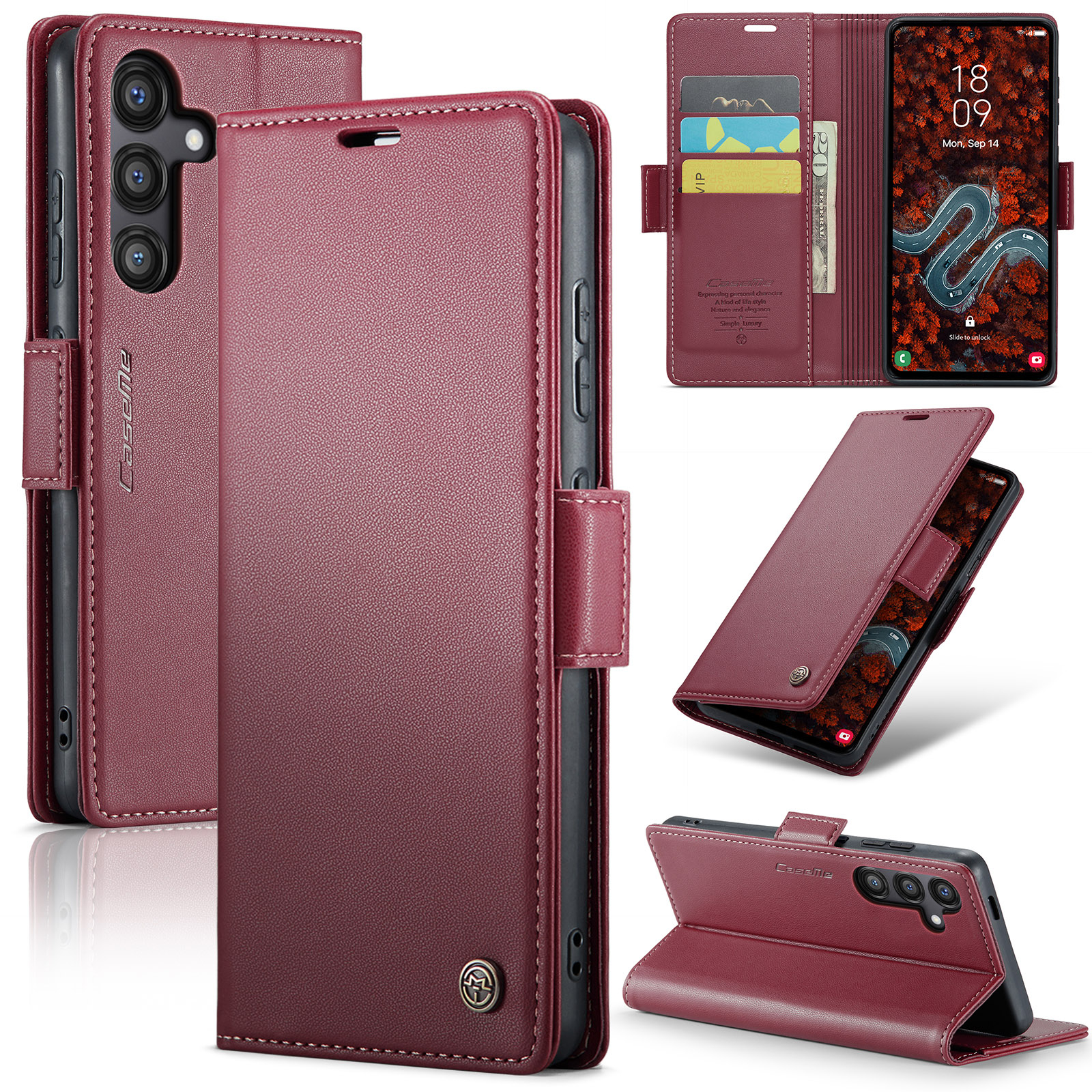 Samsung Galaxy S24 FE Leder Tasche Flip Wallet Etui mit Kartenfächern Litchi Look (RFID Schutz) - Rot