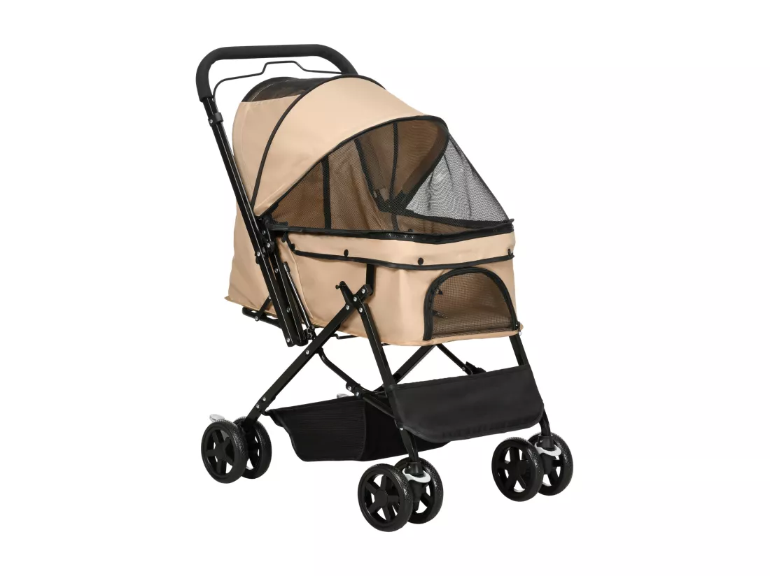 Poussette buggy pliable chien chat panier et sac de rangement attaches sécurité housse réglable poignée réglable acier Oxford beige