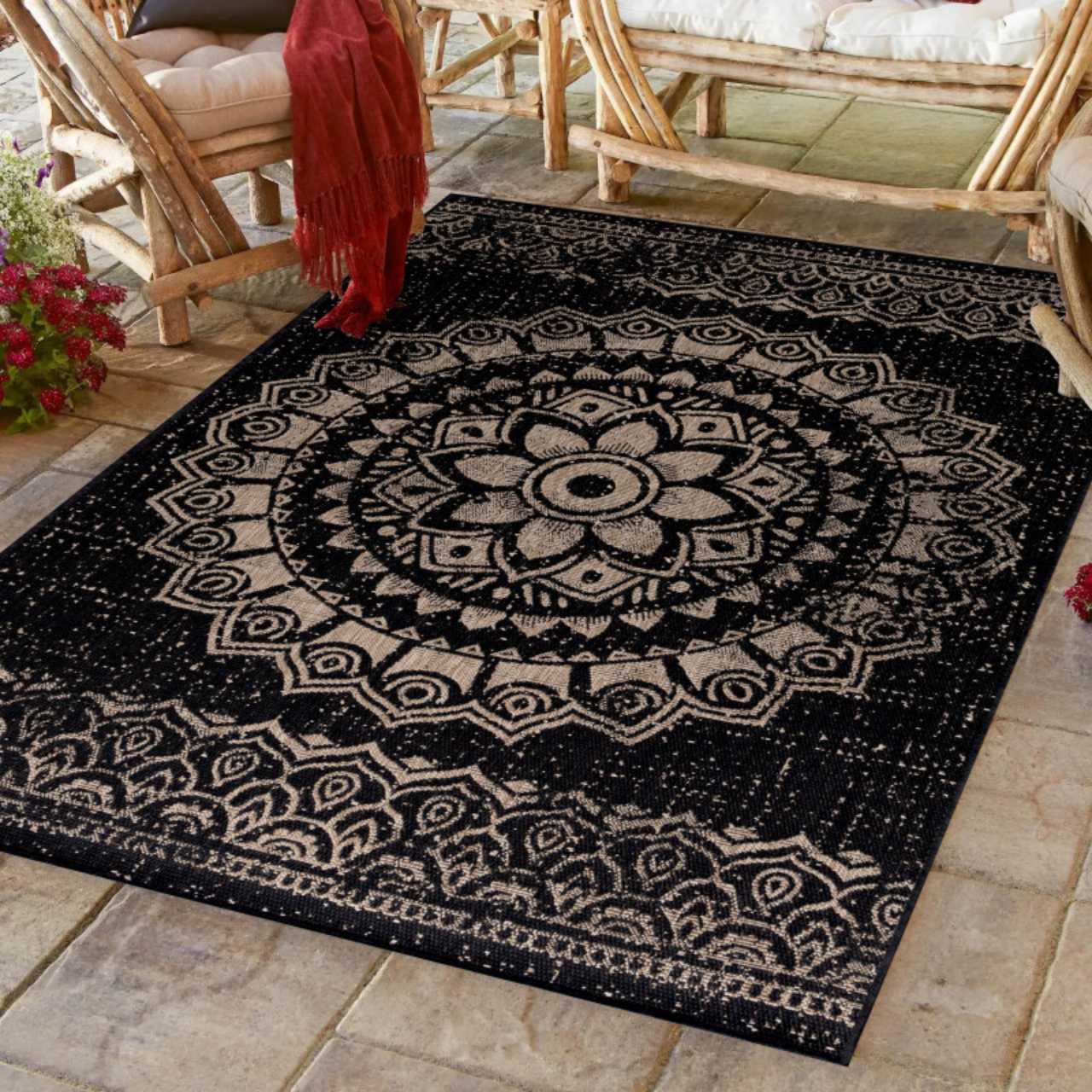 In Outdoor Teppich Beige, Vintage Design, Flachgewebe, Wetterfest