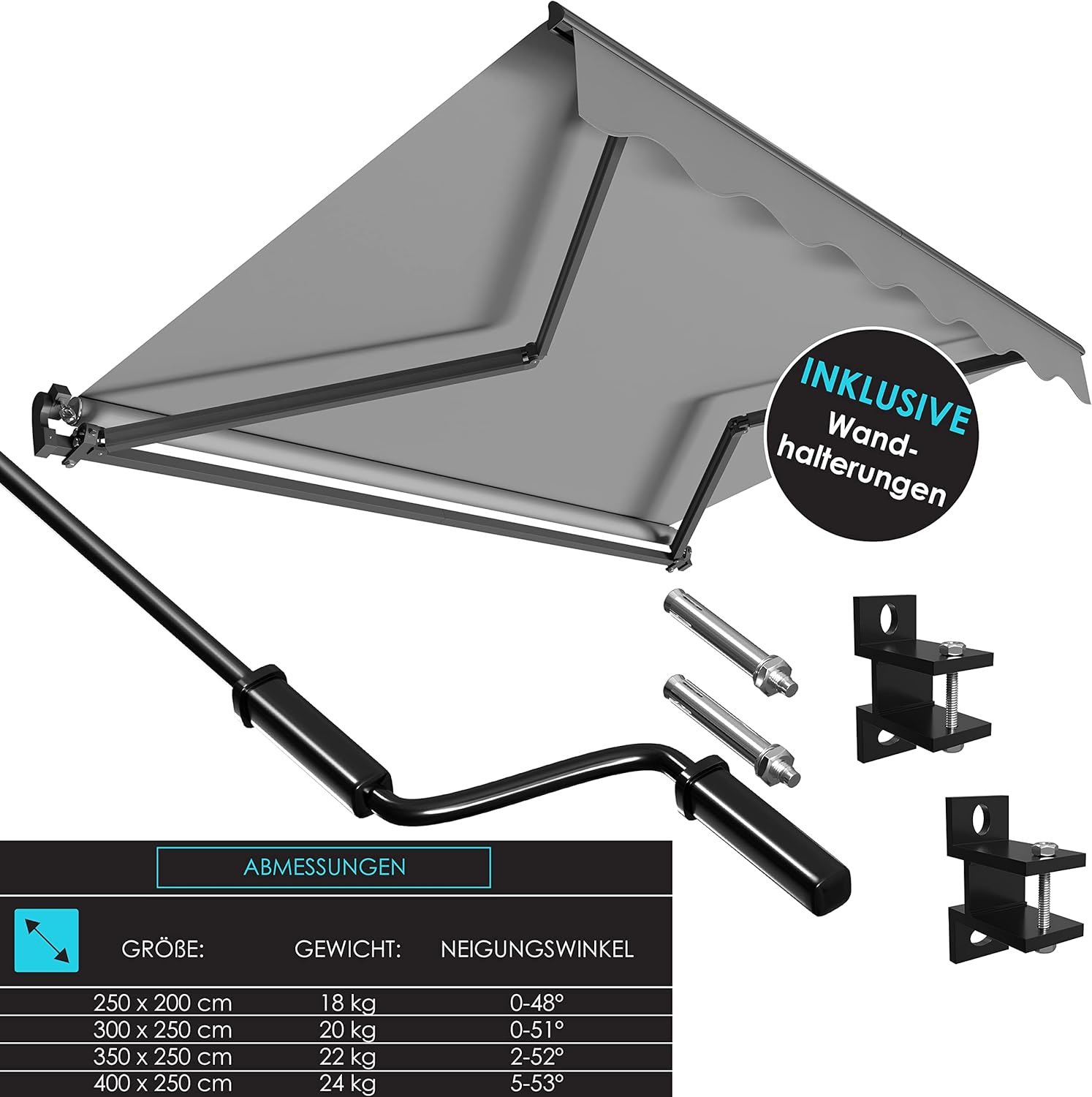 KESSER® Gelenkarmmarkise Markise Gelenkmarkise 300 x 250cm Terrassenmarkise Klemmmarkise Sonnenmarkise inkl. Wandhalterung Sonnenschutz Balkonmarkise wasserabweisend Alu/Polyester, Grau