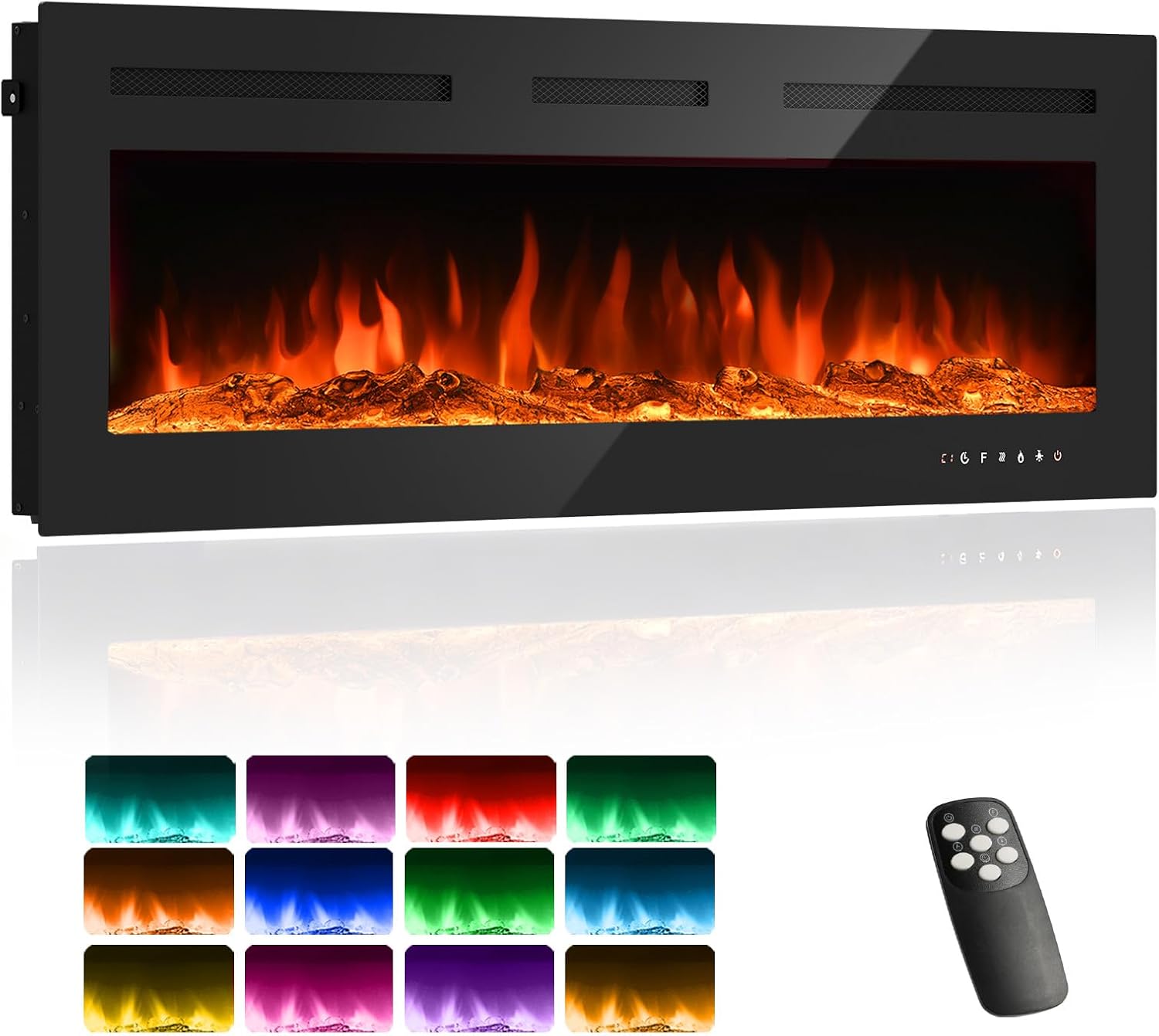 Elektrokamin, 3 in 1 Elektrischer Stand-, Wand- oder Einbaukamin mit 3D Flammeneffekt und 12 Flammenfarben, 900W/1800W Kamin mit Fernbedienung, Timer & Thermostat, Schwarz (50 inch)