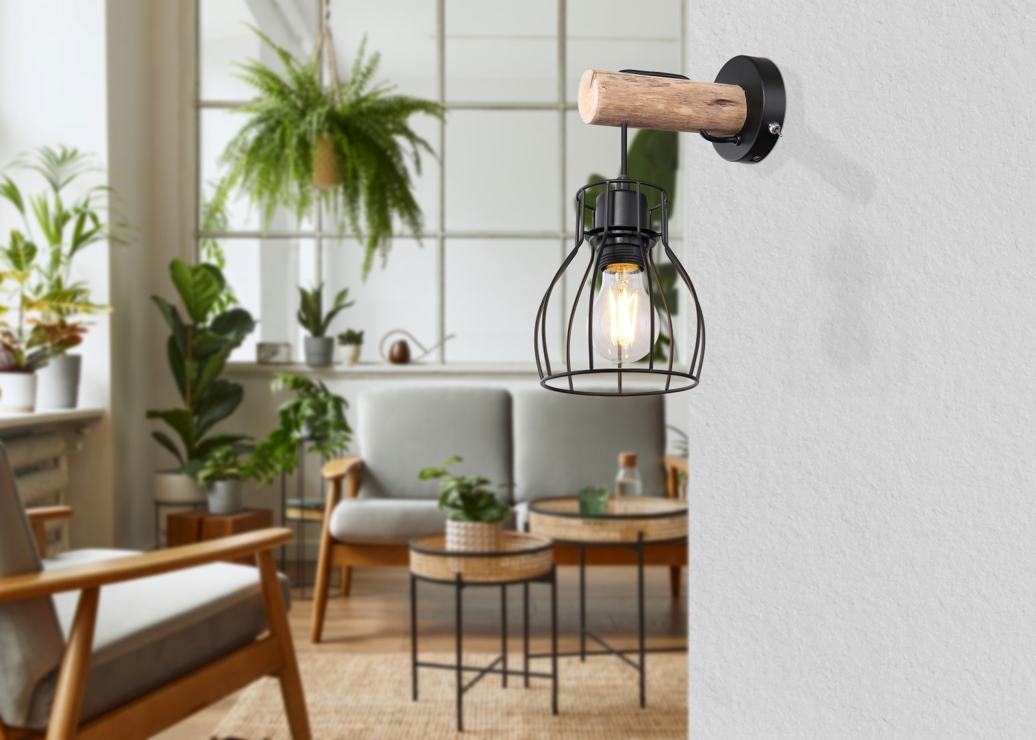 Wandlampe - schwarz-natur - Metall-Holz - 30 cm hoch