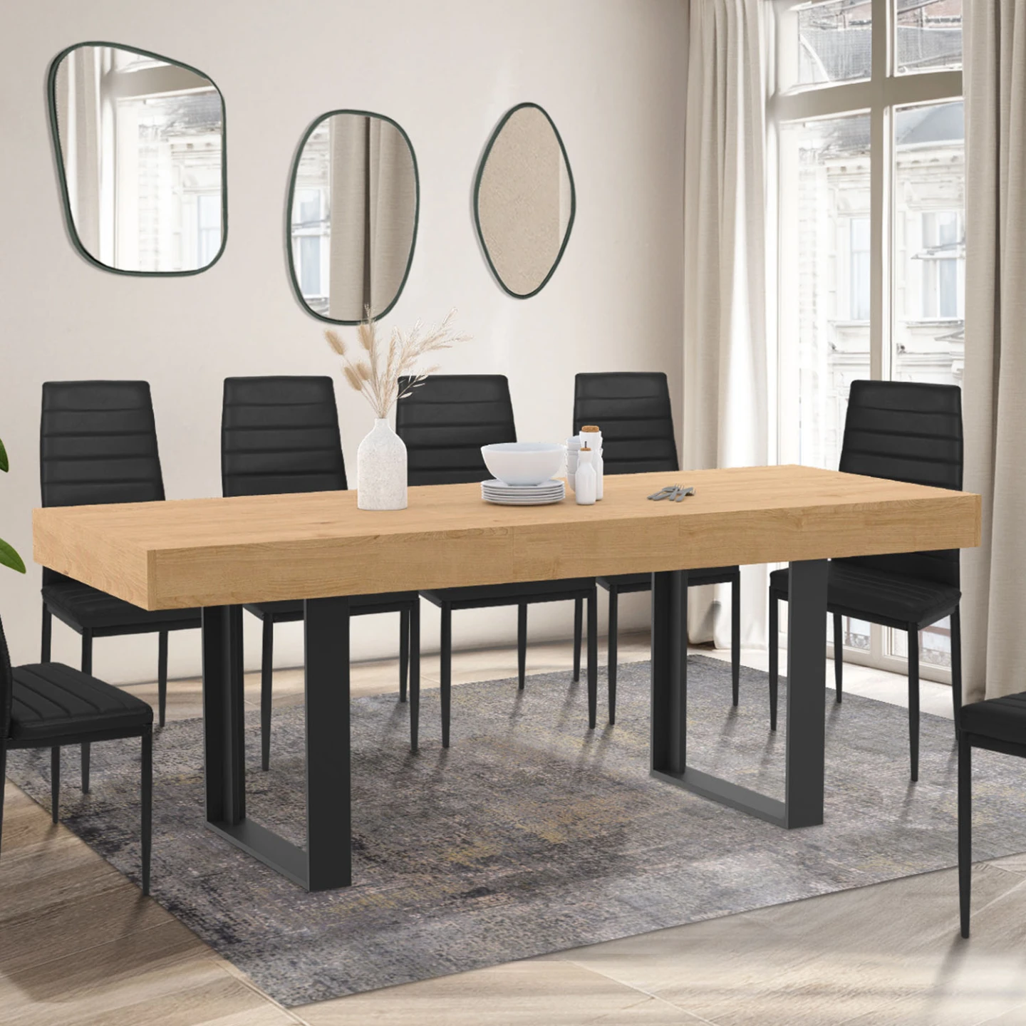 Table à manger extensible rectangle OREGON avec rangement 4-8 personnes façon chêne et noir 160-200 cm