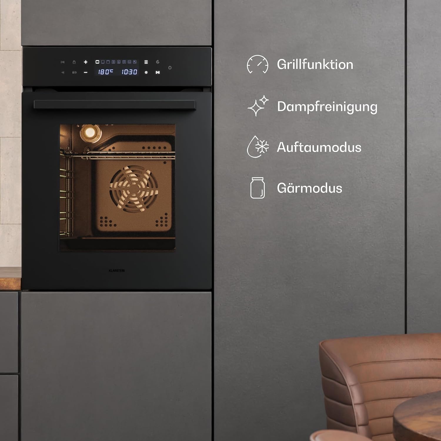 Klarstein Velaire Einbaubackofen 45 cm - 49L, 10 Betriebsmodi, Energieeffizienz A, Touch-Steuerung, Timer, Kindersicherung, Einbauofen ohne Kochfeld