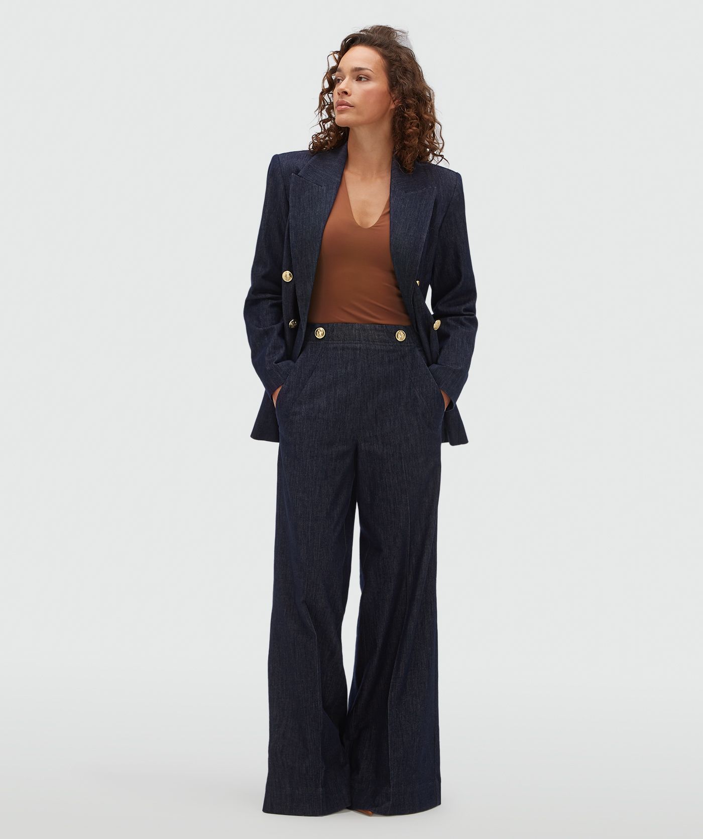 JV-INDRA high waisted wide leg pantalon - dark blue chambray