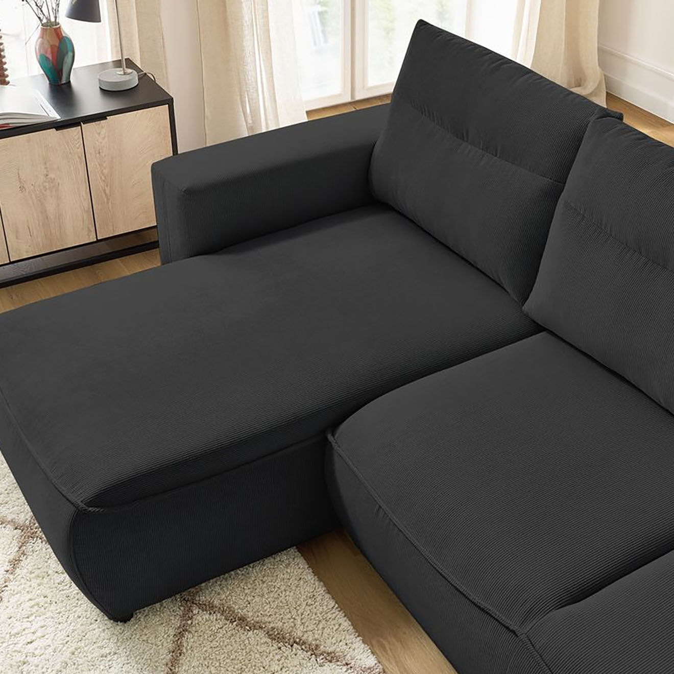 Bobochic Canapé d'angle gauche convertible coffre jasmin velours côtelé gris foncé - 256x158x90 cm