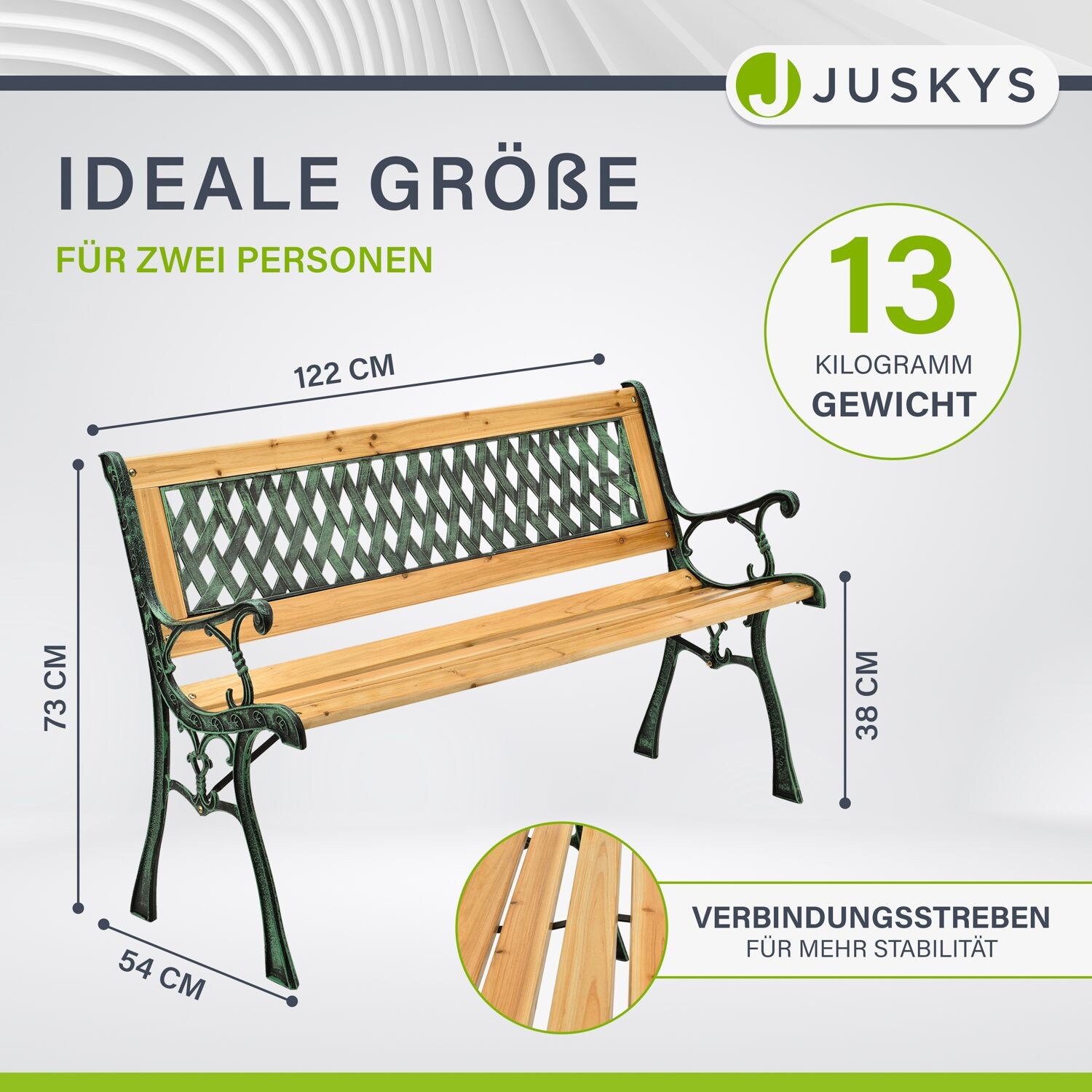 Juskys Gartenbank Pisa – 2-Sitzer Sitzbank mit Armlehnen & Rückenlehne – 122x54x73 cm