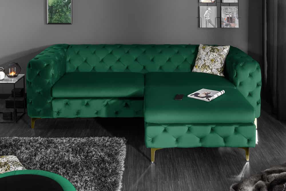 Chesterfield 3-Sitzer Sofa MODERN BAROCK 235cm smaragdgrün Samt Federkern gold Metallfüße