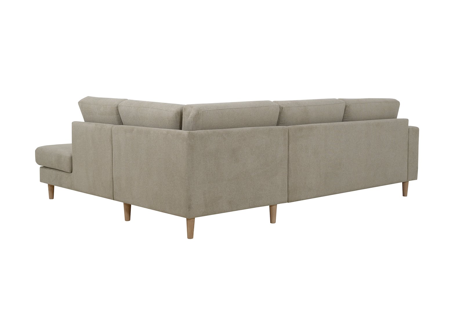 Hedda hjørnesofa 2,5 seter med åpen ende høyre. Tekstil Brooklyn 9 Cappuccino med hvitoljede eikeben (1) og 18 cm arm (F).