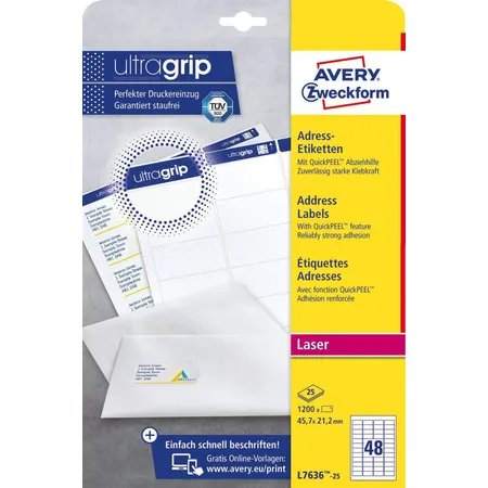 Avery Zweckform L7636-25 Adress-Etiketten,A4 mit ultragrip,45,7 x 21,2 mm, 25 Bogen/1.200 Etiketten, weiß
