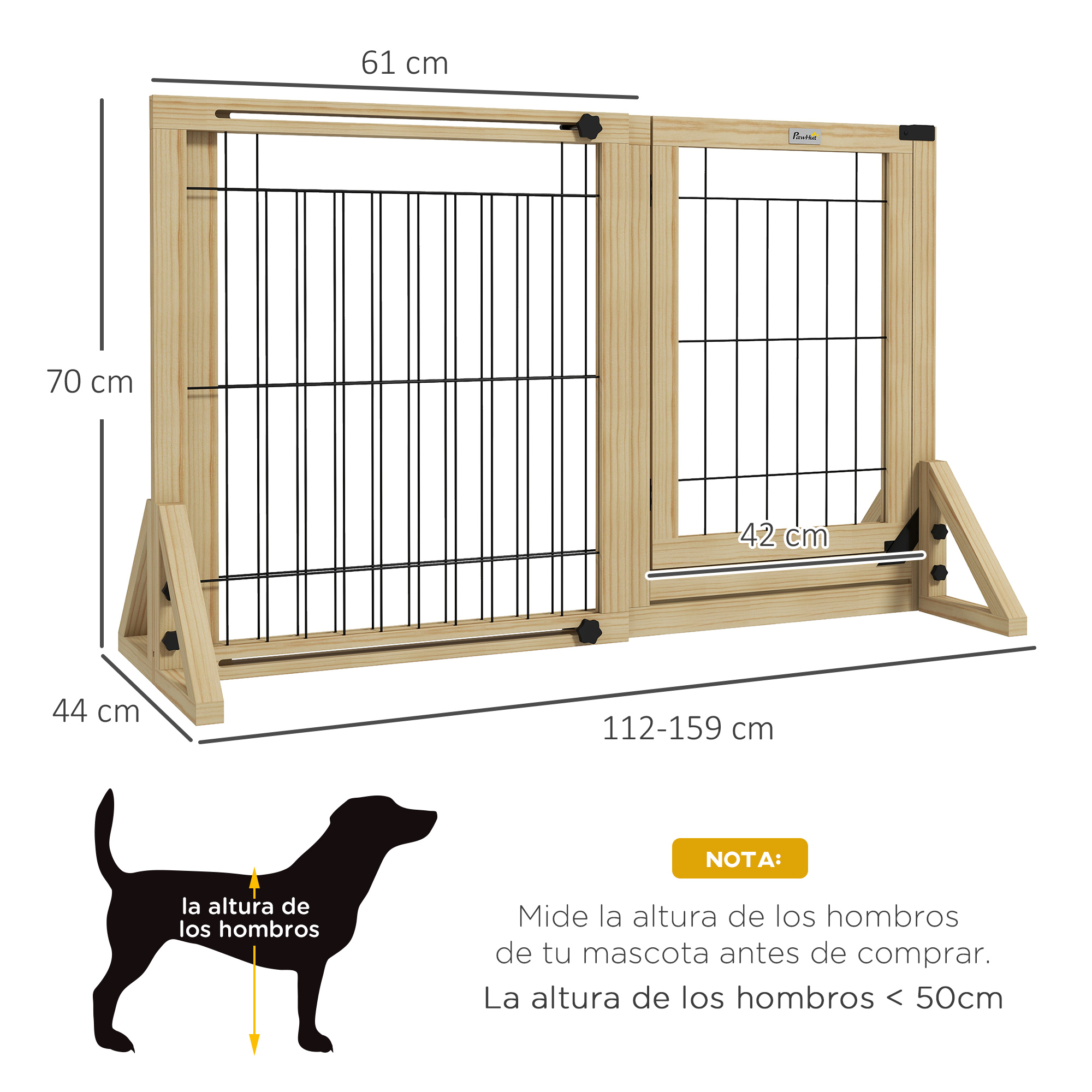 Portão de madeira para cães PawHut, extensível, com 2 painéis e pés de apoio triangulares para portas, corredores e escadas, 112-159 x 44 x 70 cm, cor natural.