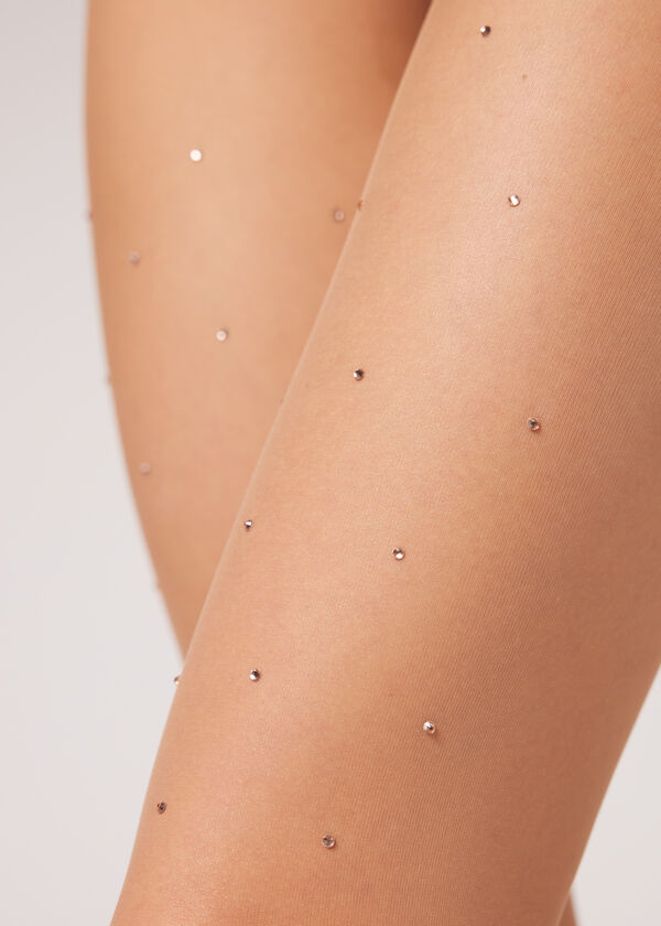 Meia-calça transparente 20 denier com aplique de strass