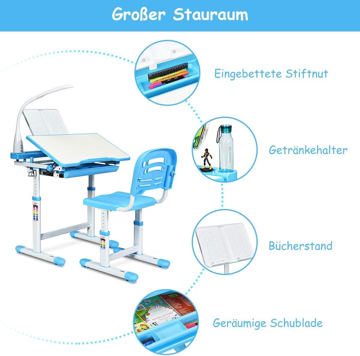 COSTWAY Kinderschreibtisch höhenverstellbar, Schülerschreibtisch mit Lampe, Kindermöbel neigungsverstellbar, Kindertisch mit Stuhl, Schreibtisch mit Schublade, Farbewahl (Hellblau)