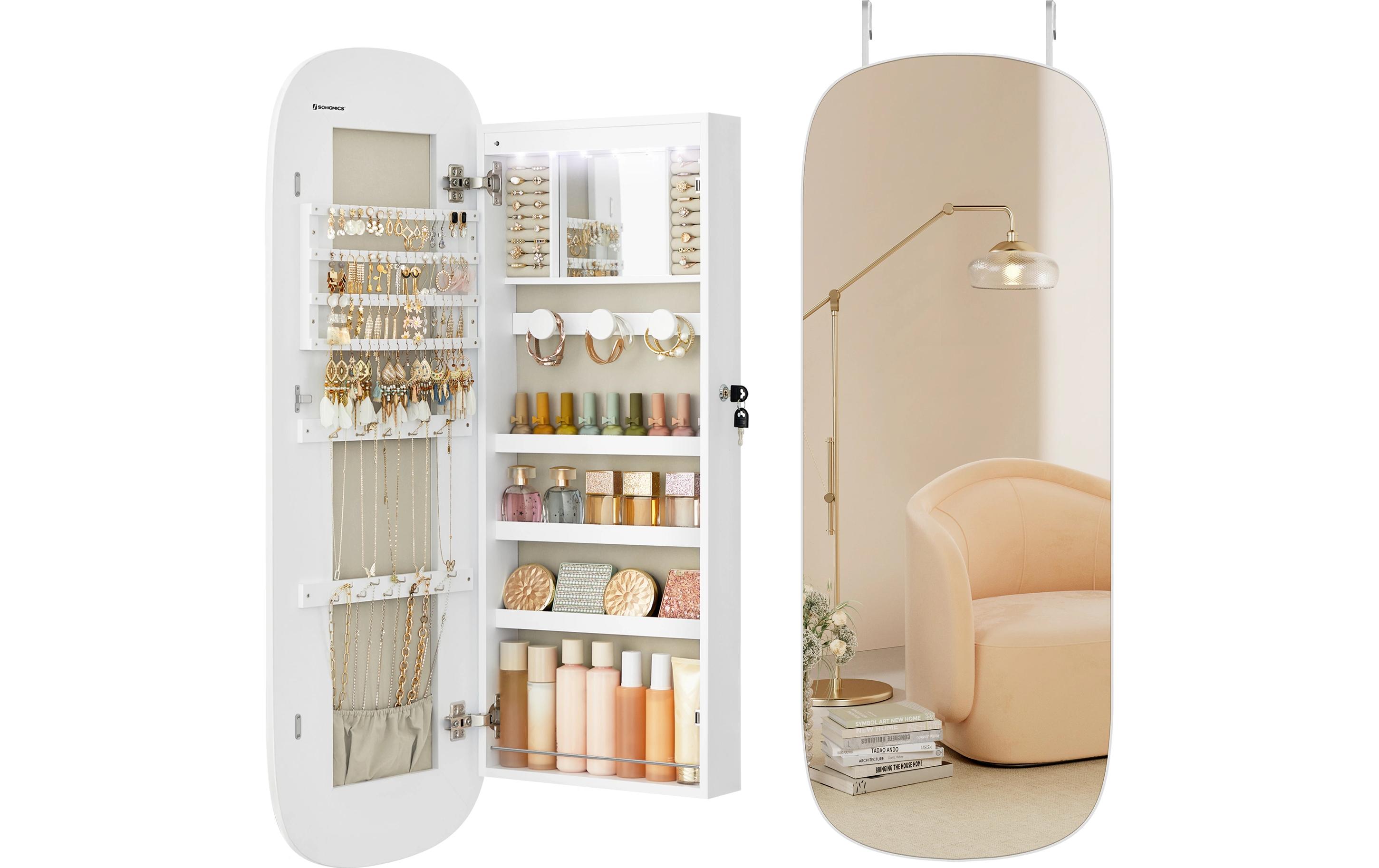 Schmuckhalter Spiegel zum hängen 10 x 42 x 108 cm, Weiss<br>Schmuckschrank