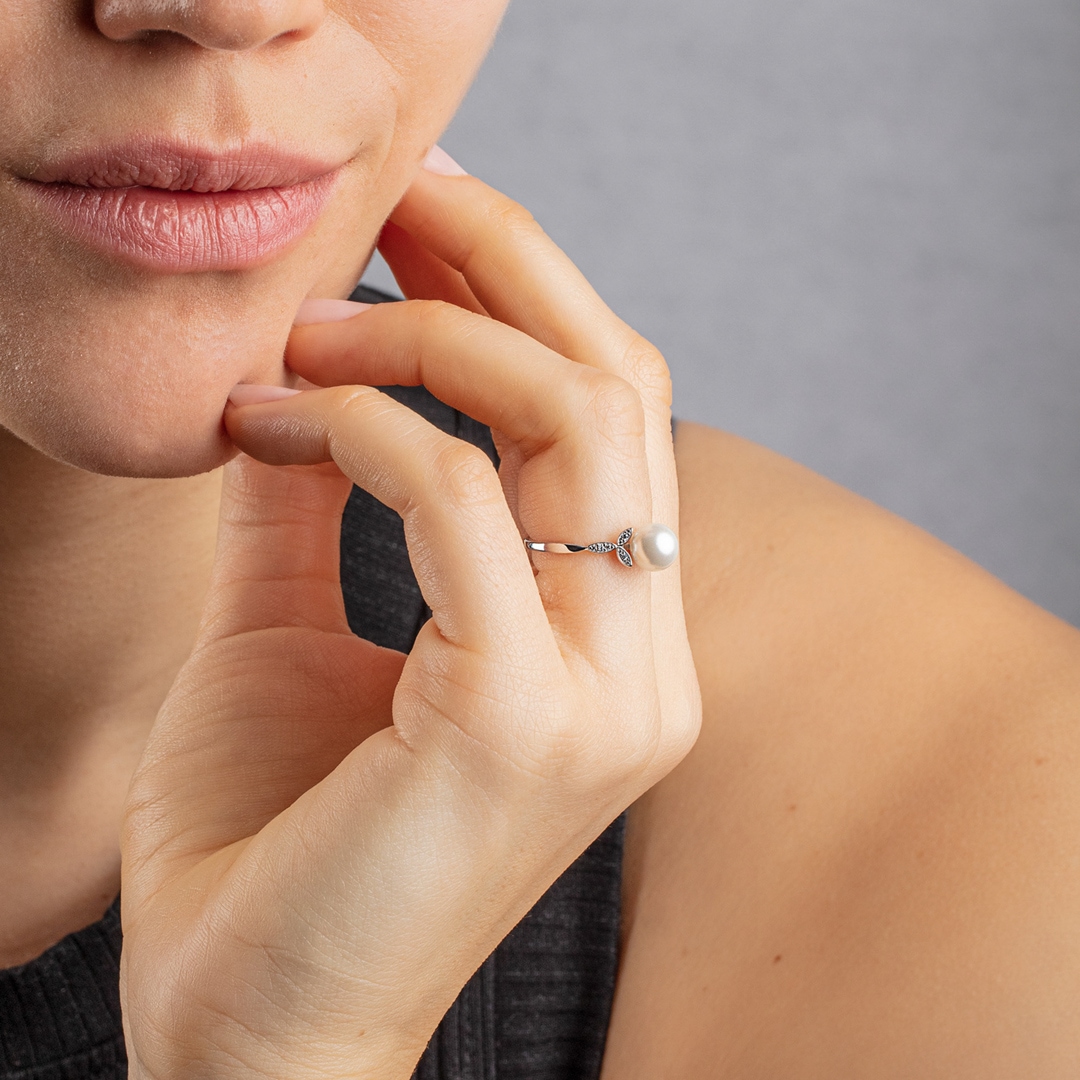 Damenring 925 Silber rhodiniert mit Kunstperle 7mm und Zirkonia