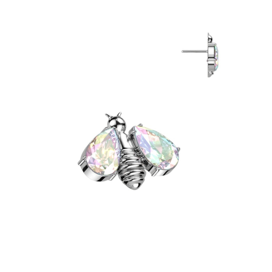 Mehrzweck Aufsatz für Piercing mit Einsteckverschluss G23 Titan Biene mit Strass Stein - Silber / Irisierend