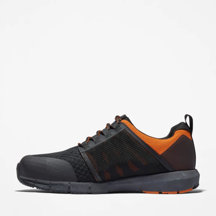 Sapato de trabalho Radius com biqueira de liga metálica para homens, nas cores preto e laranja.