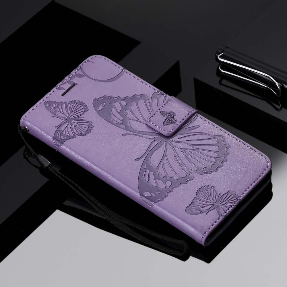 iPhone 13 Leder Tasche mit Kartenfach   Handschlaufe Schmetterling - Lila