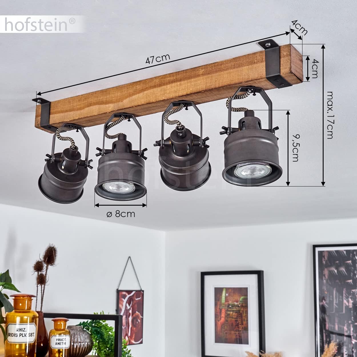 Deckenleuchte Pehefito, Deckenlampe im Vintage-Design aus Metall/Holz in Schwarz/Braun, Retro-Leuchte mit Holzbalken und verstellbaren Strahlern, 4-flammig, 4 x GU10-Fassung, ohne Leuchtmittel