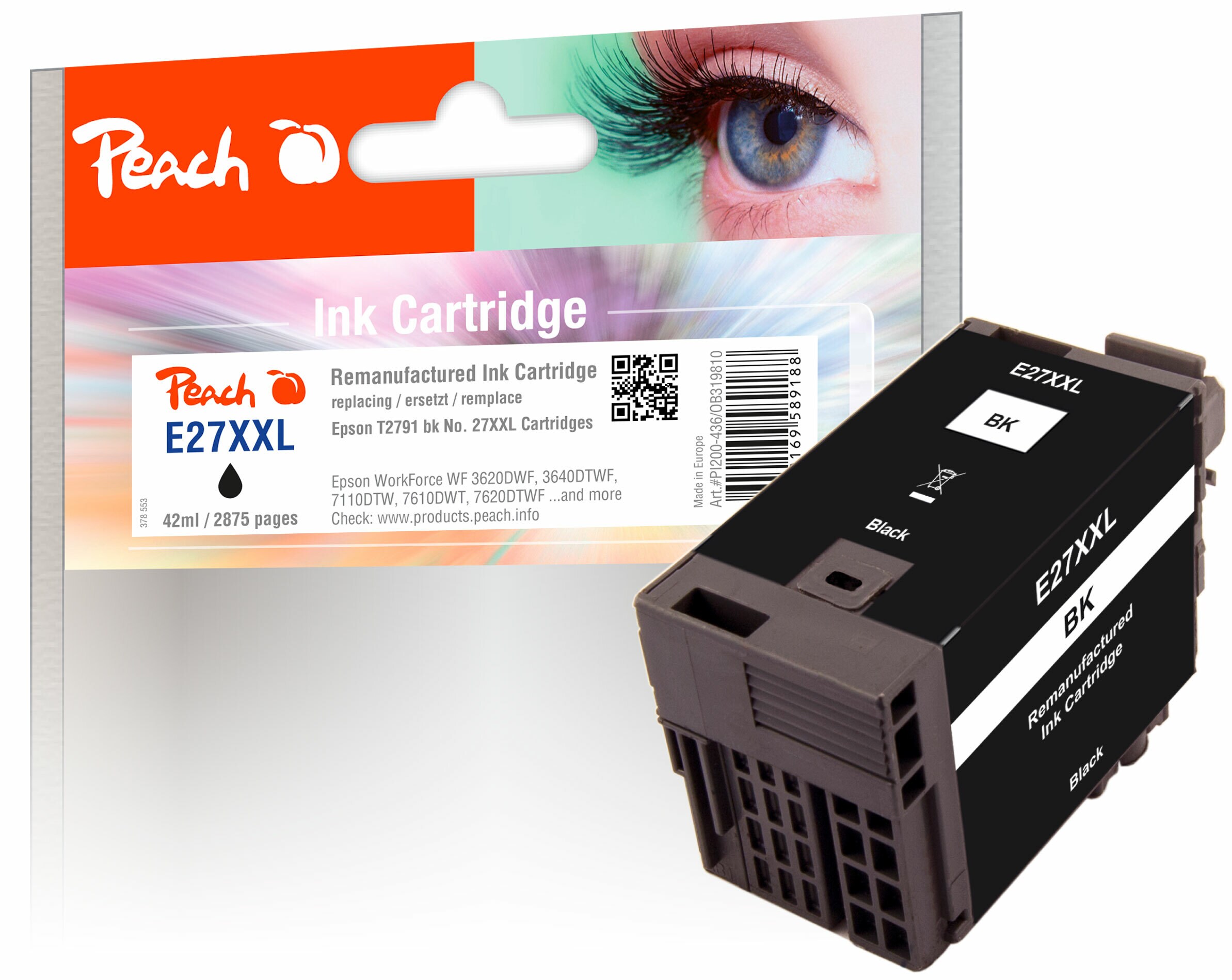 Peach E27Druckerpatrone XL bk ersetzt Epson T2791, No. 27XXL bk, C13T27914010 für z.B. Epson WorkForce WF -3600, Epson WorkForce WF -3620 DWF (wiederaufbereitet)