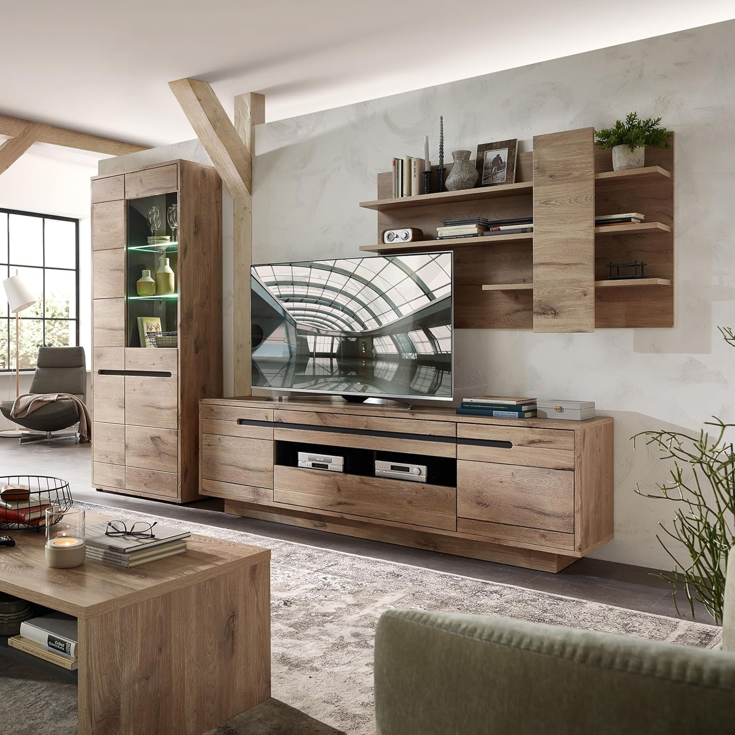 Stella Trading BELLANO Vitrine in Viking Eiche Optik, Graphit - Moderner Vitrinenschrank mit LED-Beleuchtung und viel Stauraum - 80 x 202 x 38 cm (B/H/T)