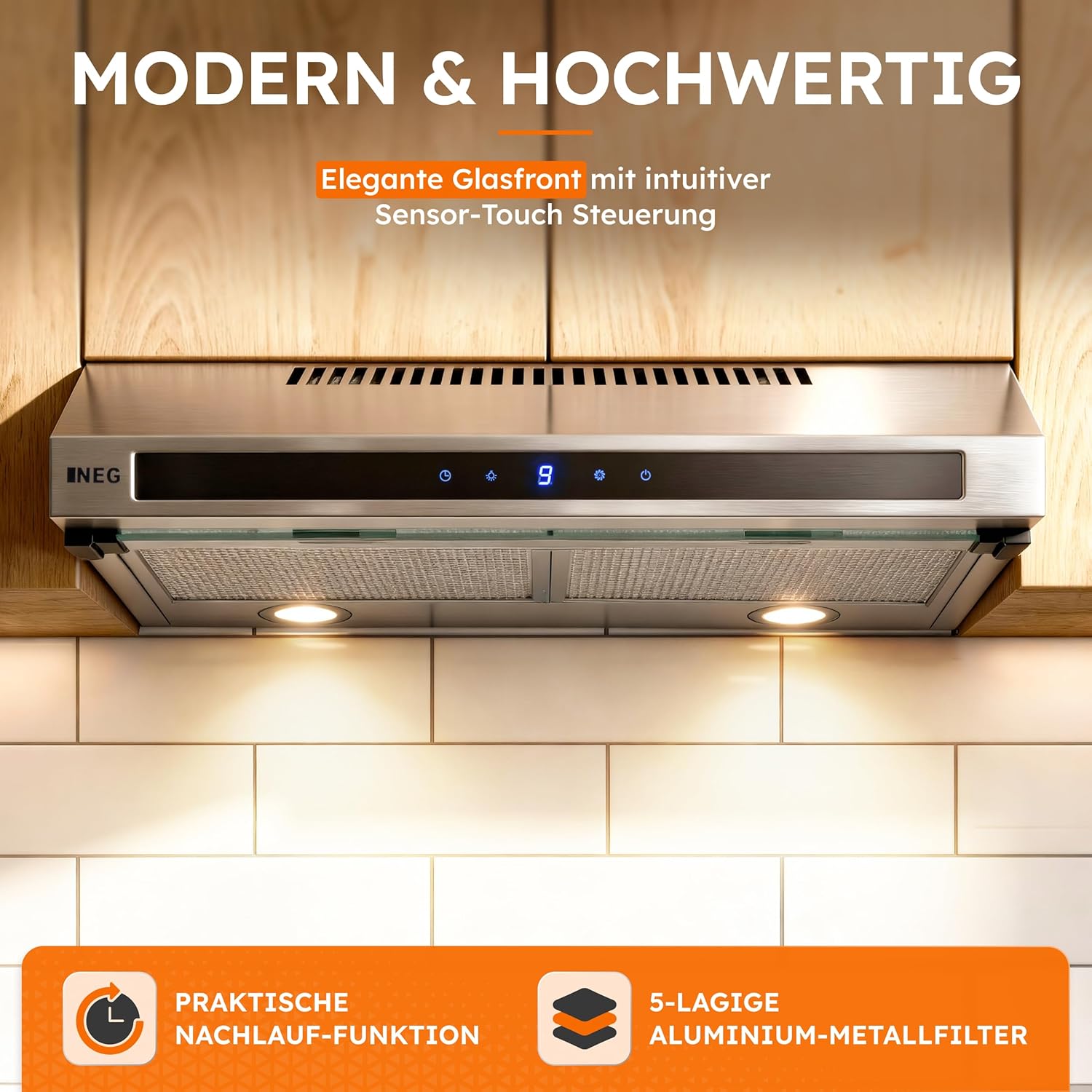 NEG Doppelmotor Design Unterbau-Dunstabzugshaube NEG15-TDLS+ (silber,Edelstahl), Glas-Front mit Sensor Touch, 322 m³/h Luftleistung, Nachlauffunktion, Abluft und Umluftbetrieb