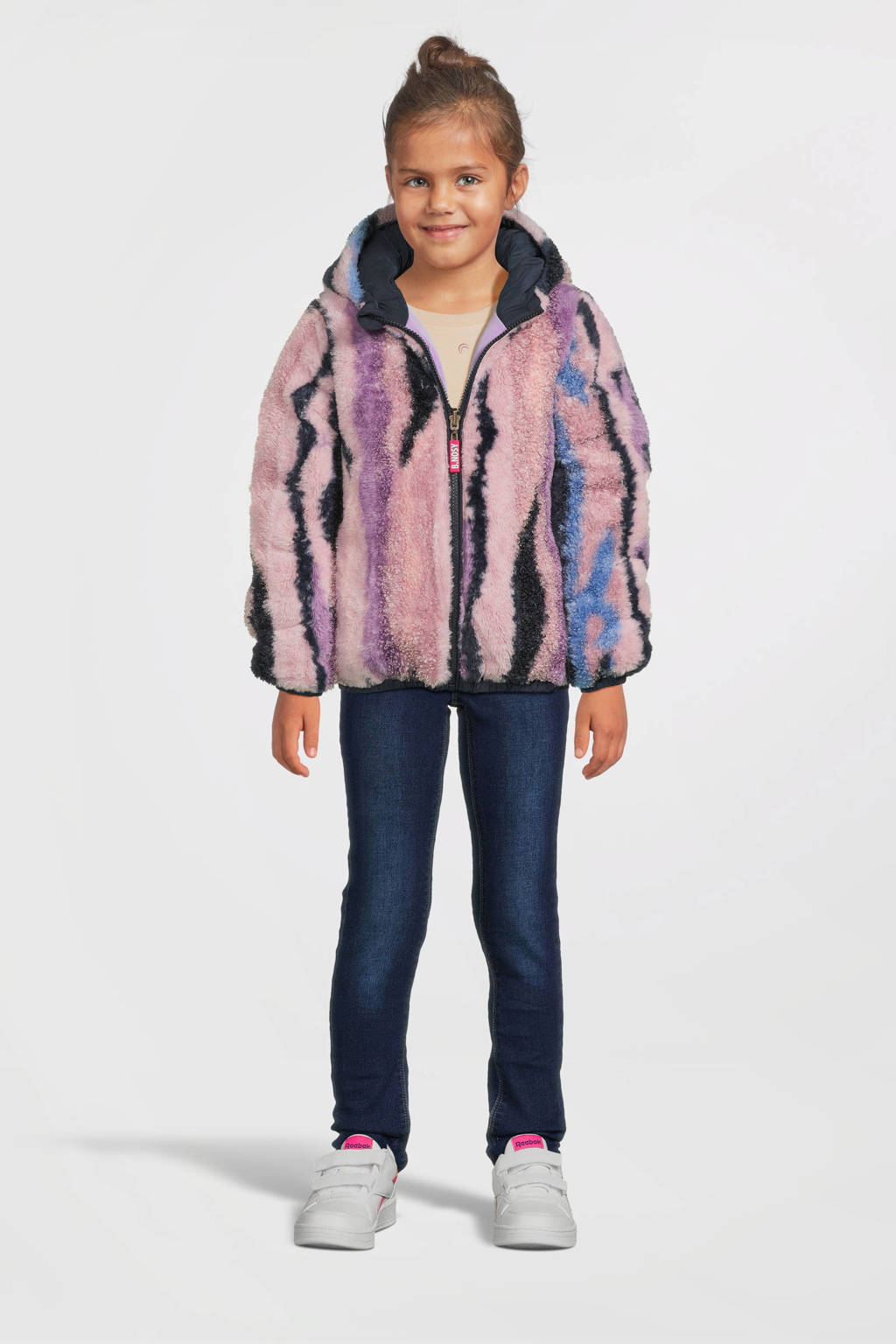 B.Nosy reversible gewatteerde winterjas Jamie met all over print donkerblauw/lila/roze
