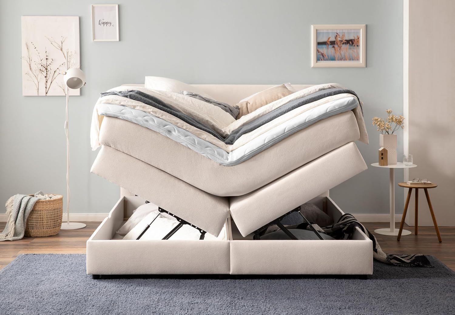 Belanoti Loft Boxspringbett 160x200 mit Bettkasten 7-Zonen Taschenfederkern Matratze inklusive Visco Topper Bett 160x200 in der Farbe Beige H2 und H3 Polsterbett mit Stauraum