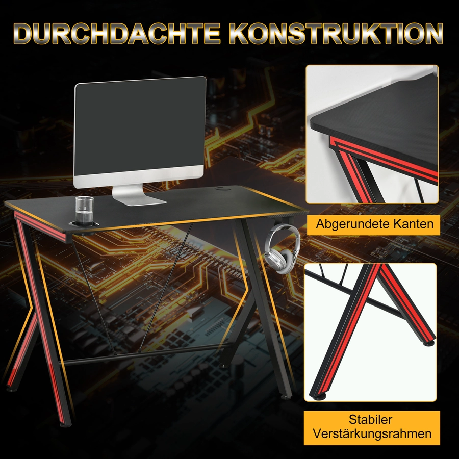 HOMCOM Gamingtisch mit Headset-Haken und Getränkehalter schwarz