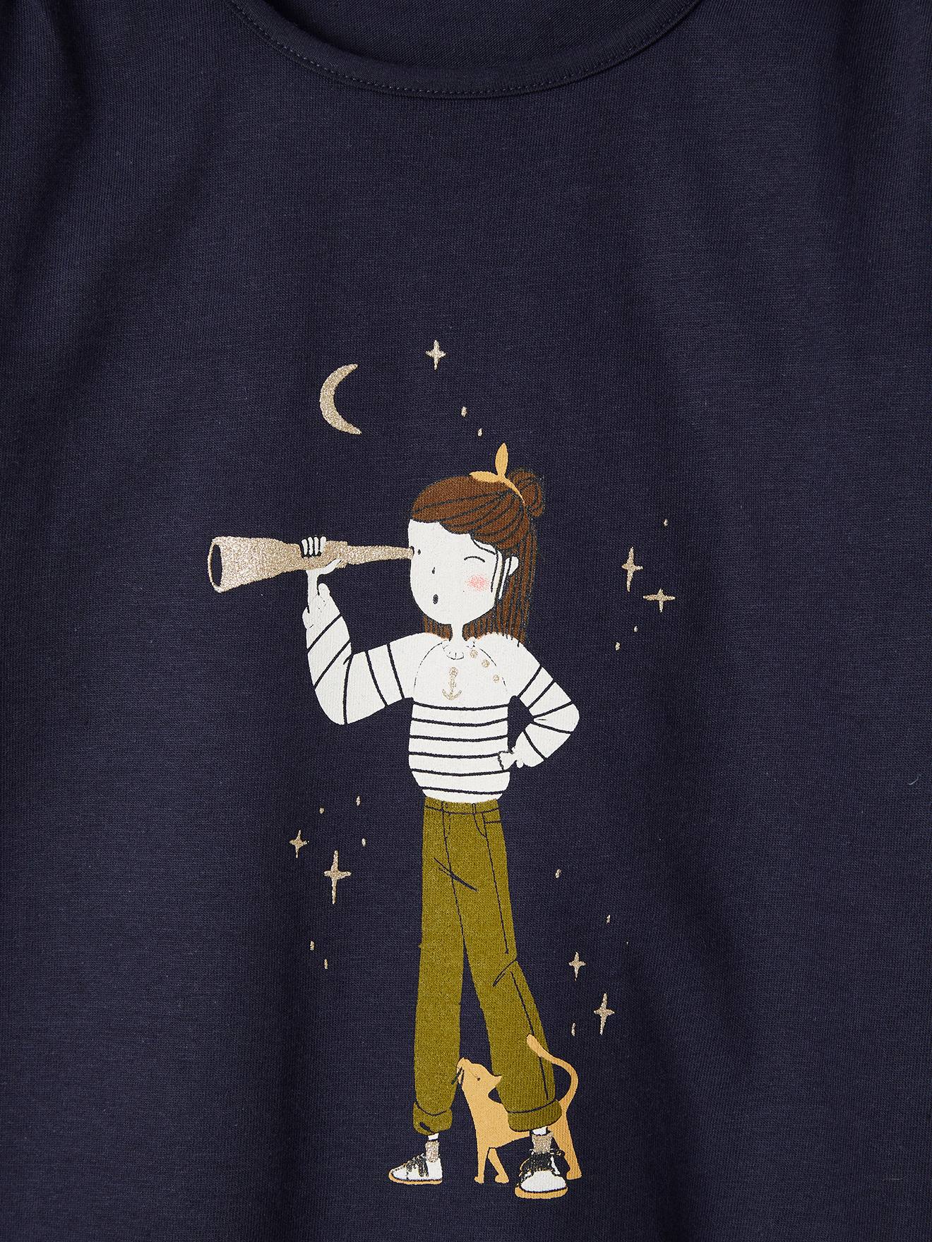 Camiseta feminina com detalhes iridescentes, para meninas. Azul escuro liso com estampas.