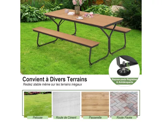 Ensemble Table et Bancs de Pique-Nique avec Cadre Métal, Ensemble de Jardin Imperméable pour 8 Personnes Banc Charge 500KG, pour Jardin Piscine, 183 x 150 x 76 cm (Marron)