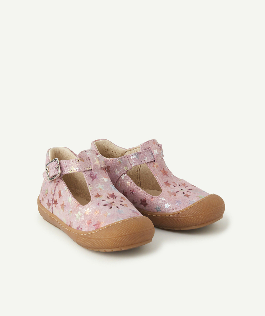 BOPYBOTTINES OUVERTES PREMIERS PAS BÉBÉ EN CUIR ROSE AVEC ÉTOILES