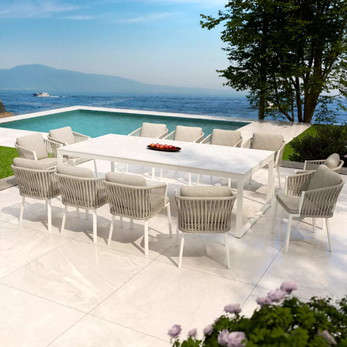Table de jardin en aluminium et céramique 12 places (260 x 120 cm) Kore Blanc et gris clair