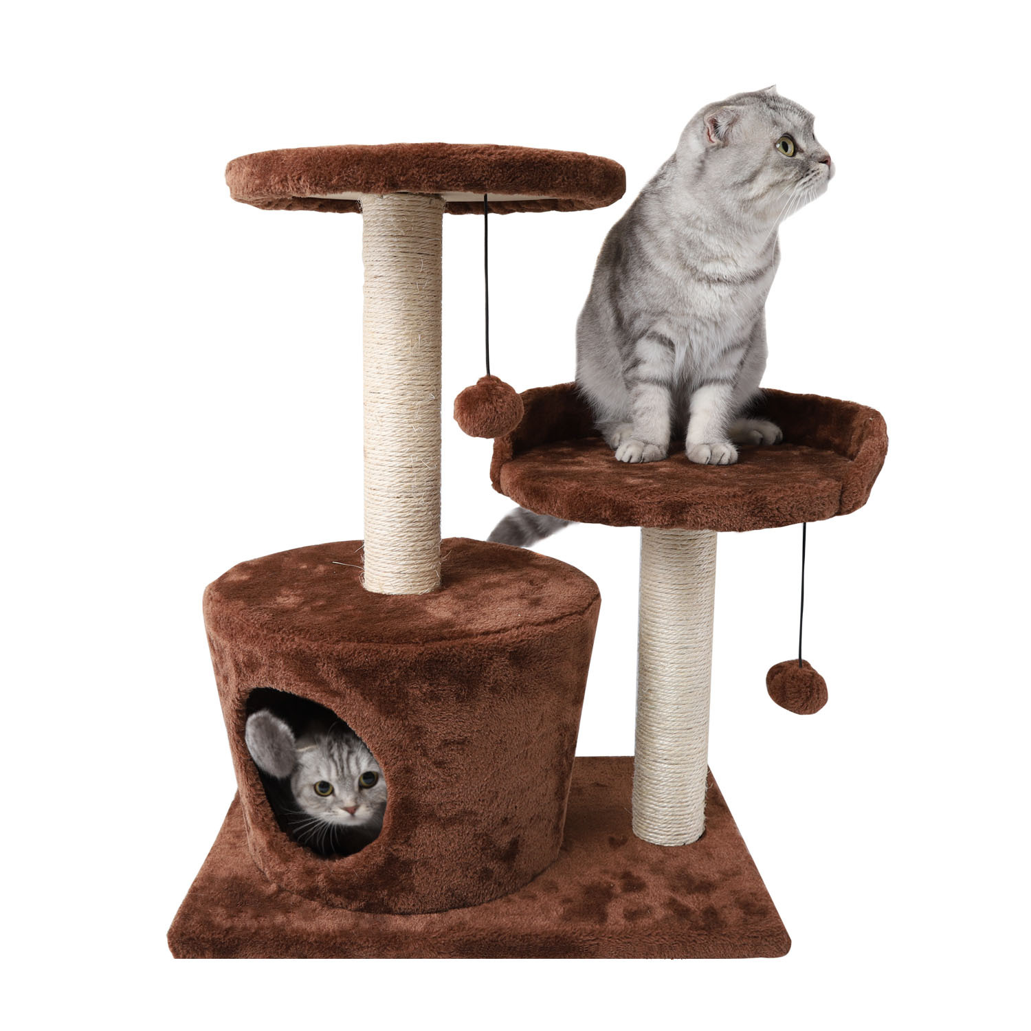 Nobleza - Arranhador para gatos com duas plataformas, caverna e brinquedos pendurados. Marrom, 60 cm.
