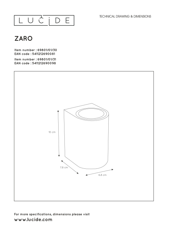 Lucide Zaro 1 wandlamp buiten IP44 rond wit