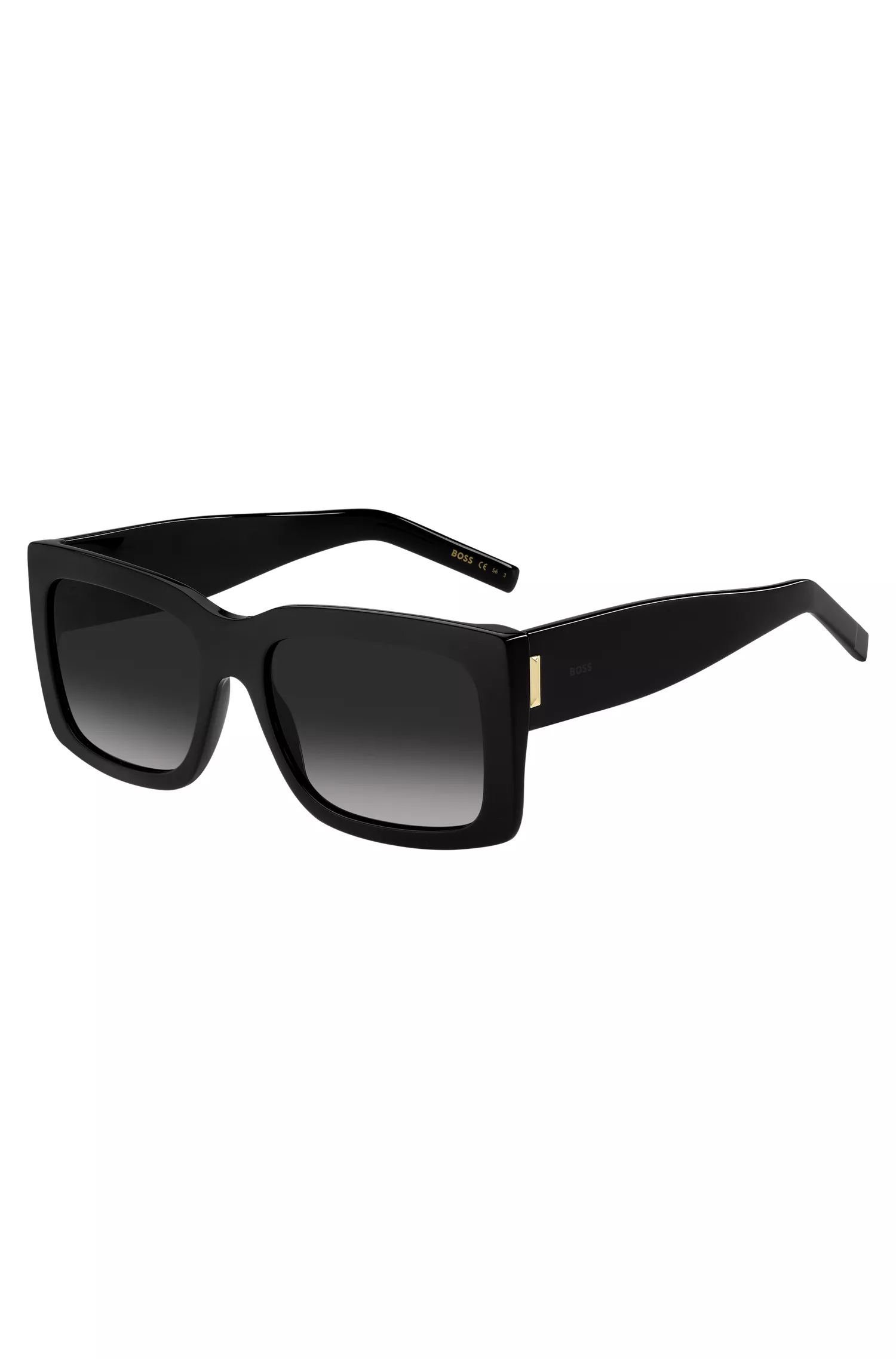 Óculos de sol BOSS em bioacetato preto com detalhes exclusivos.