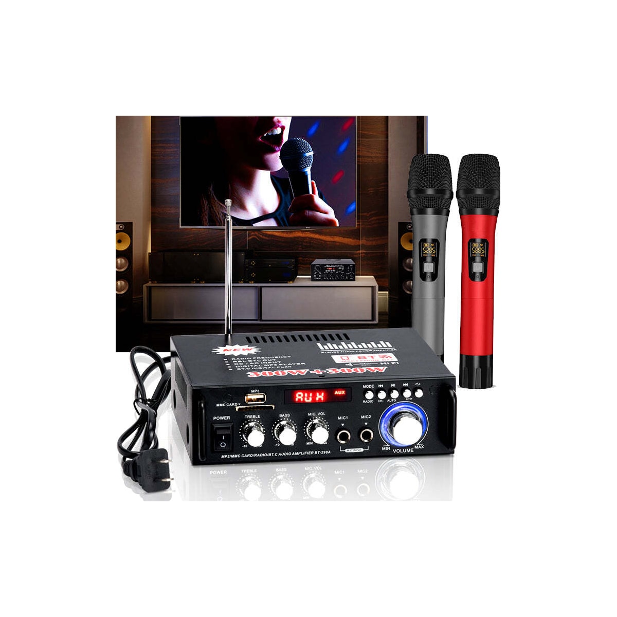 NÖRDIC Bluetooth 5.0 Stereoforsterker 2x40W AUX / USB / BT Lydforsterker med FM 2xMIC inngang