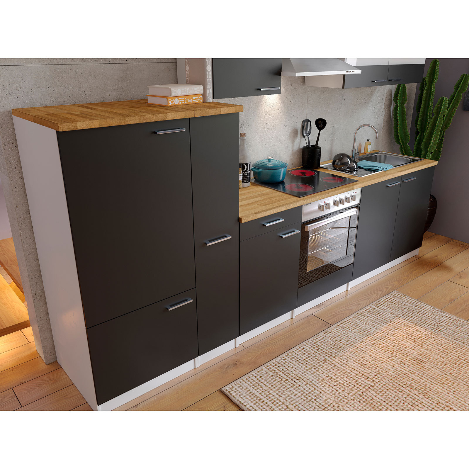 RESPEKTA Küchenblock - schwarz-weiß - mit E-Geräten - 300 cm